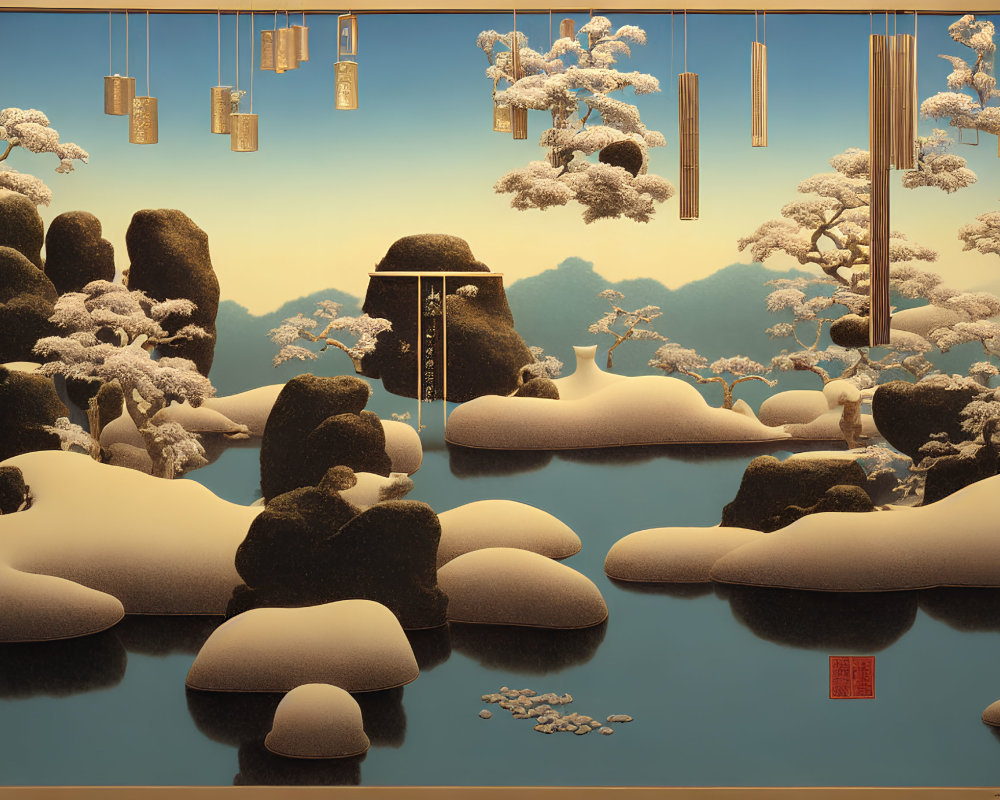 Japanese garden art with snowy rocks, blossoming trees, waterfall, and wind chimes.