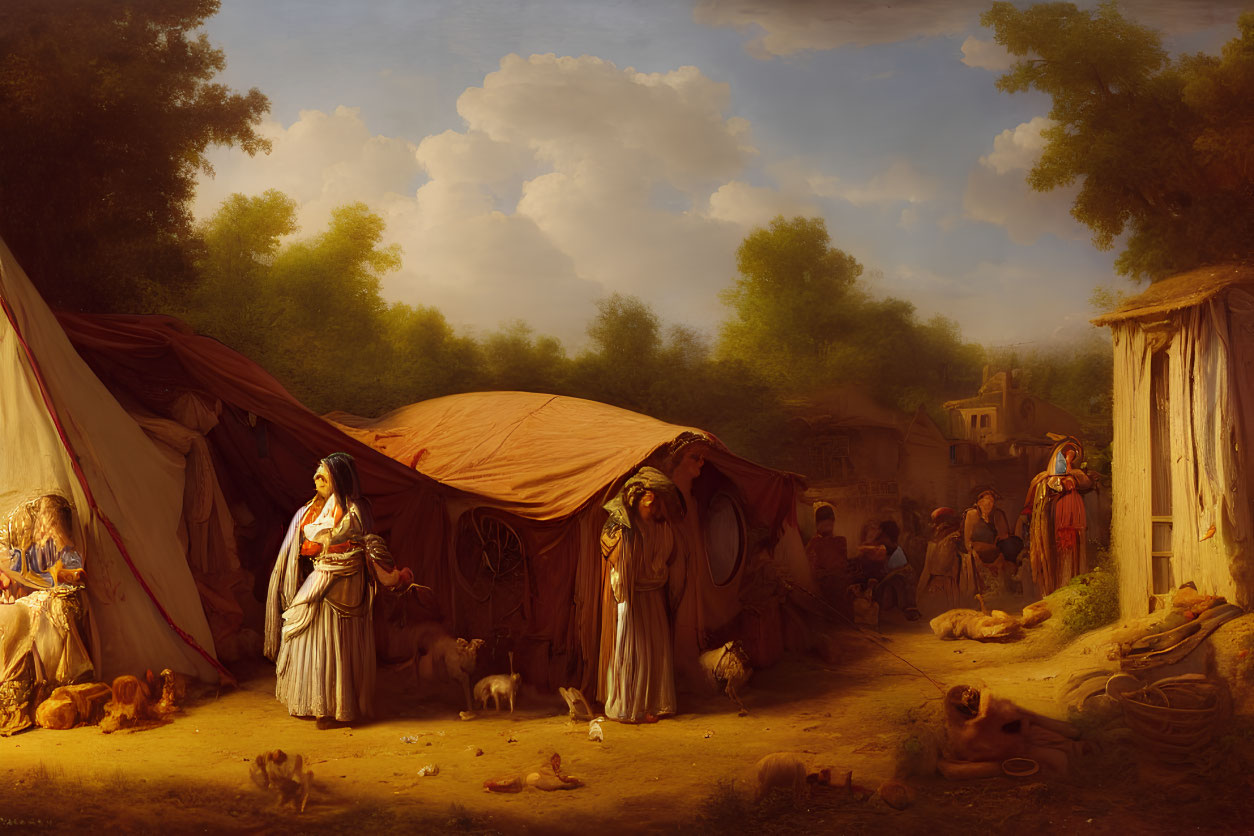 Rural camp scene with period clothing, tents, animals, and warm lighting