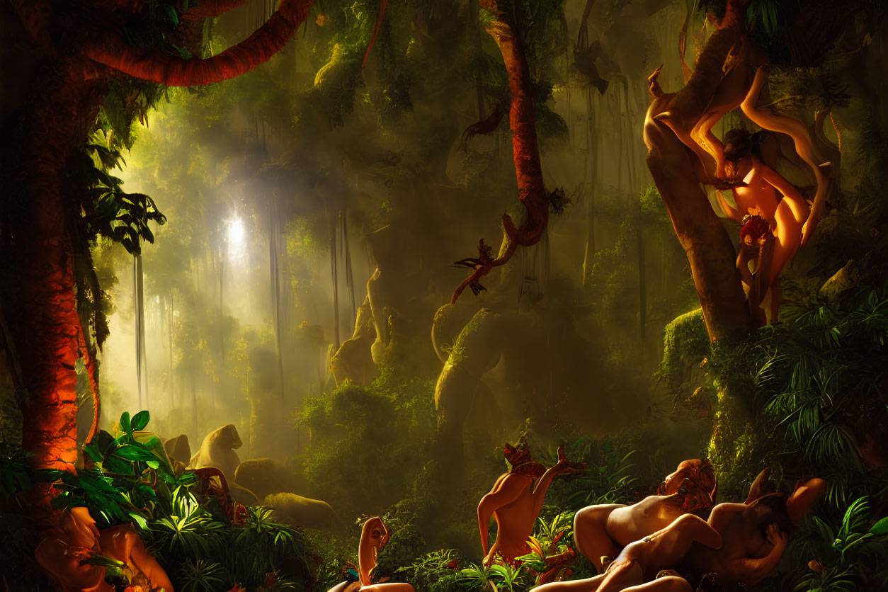 Ethereal jungle scene with humanoid figures and ancient trees