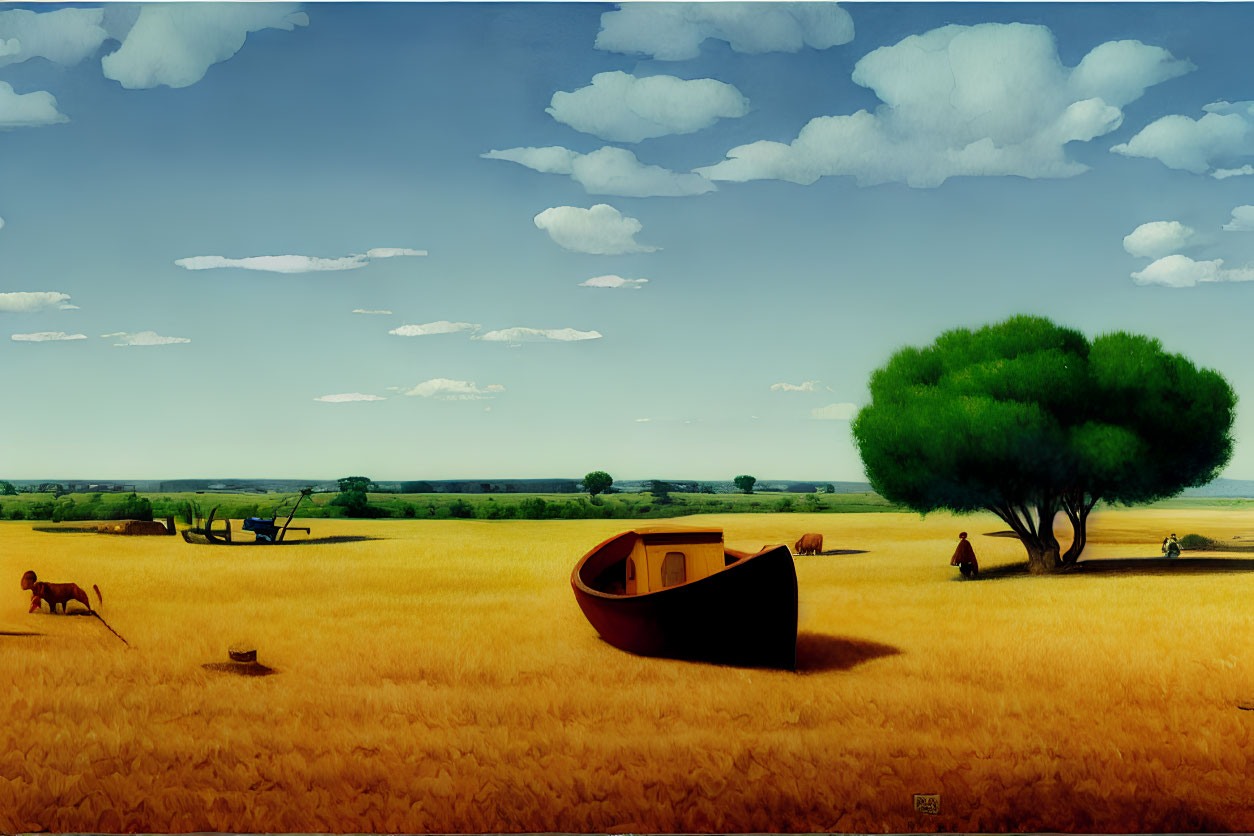 Surreal landscape: boat on wheat field, tree, figures, animals, sky