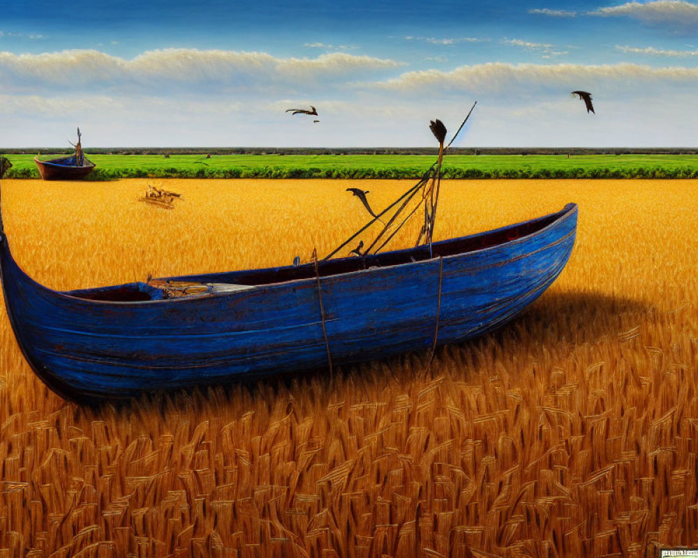 Surreal blue boat on golden wheat field with birds and greenery