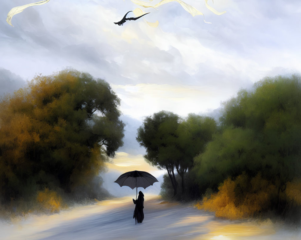 Person walking down misty road with umbrella surrounded by surreal sky and flying figure.