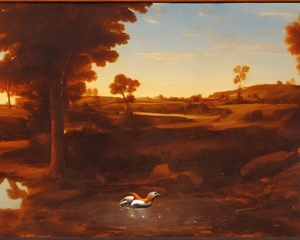 Tranquil sunset landscape with lone swan on pond