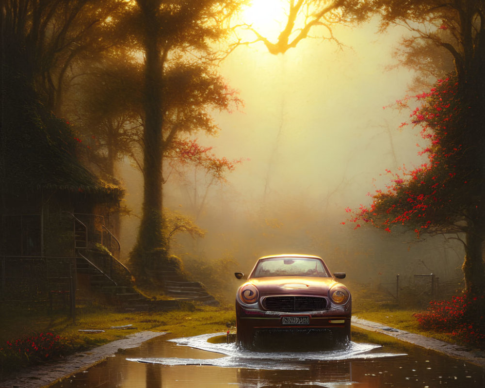 Vintage car on reflective puddle in misty forest road with red flowers