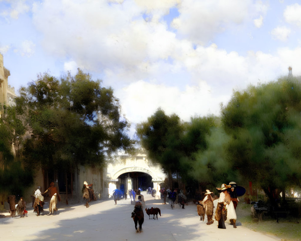 Colorful street scene with people, animals, trees, and archway in sunlight