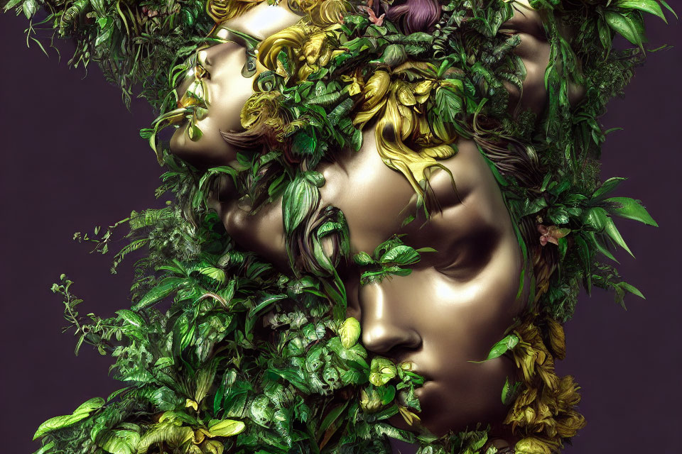Golden face obscured by lush greenery and flowers in surreal image