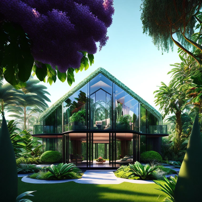 Modern glass house with triangular design in lush greenery and purple trees.