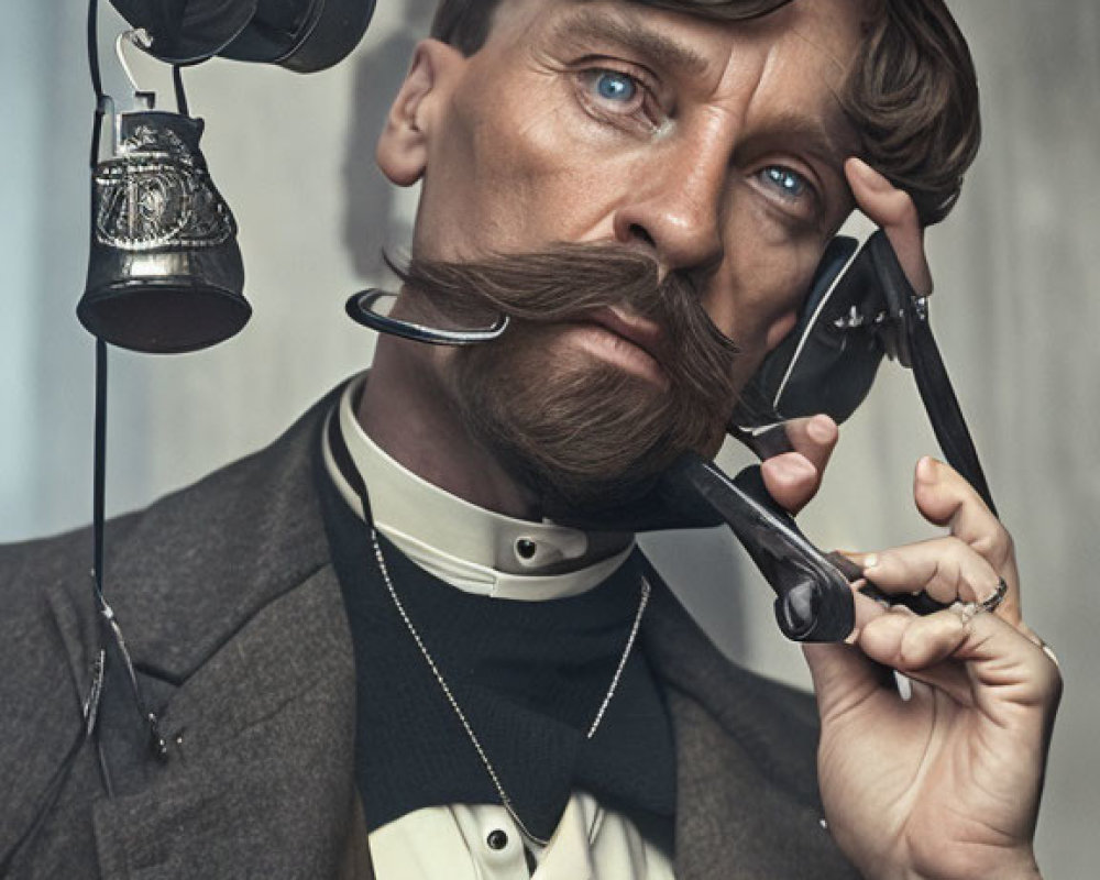 Vintage Style Portrait of Man with Handlebar Mustache and Old-Fashioned Telephone