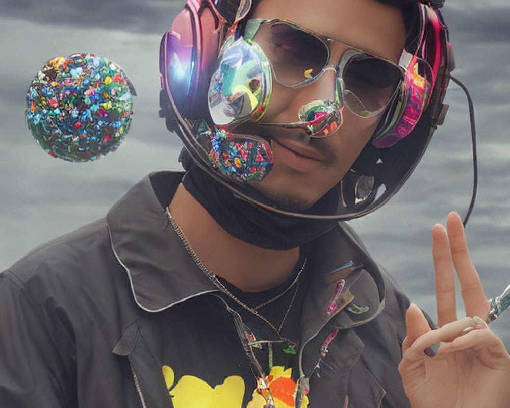 Stylish person in helmet, reflective goggles, and headphones with peace sign and colorful spheres