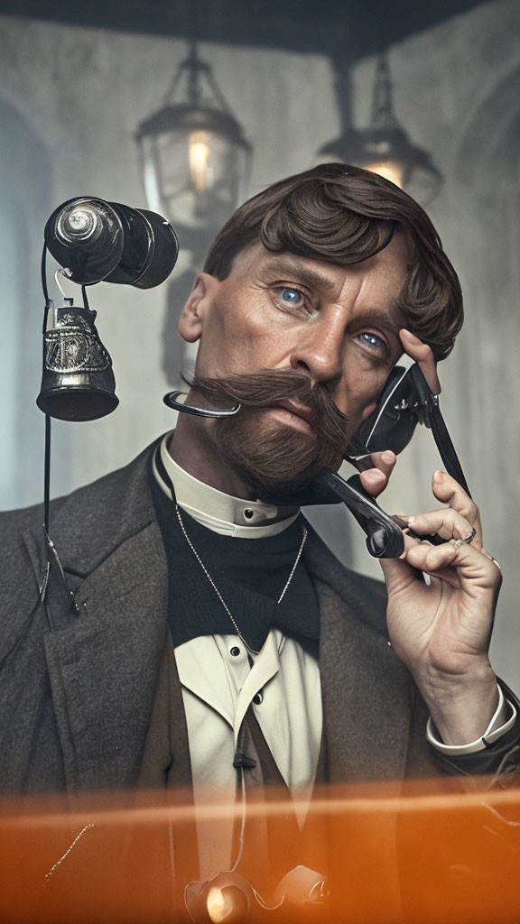 Vintage Style Portrait of Man with Handlebar Mustache and Old-Fashioned Telephone