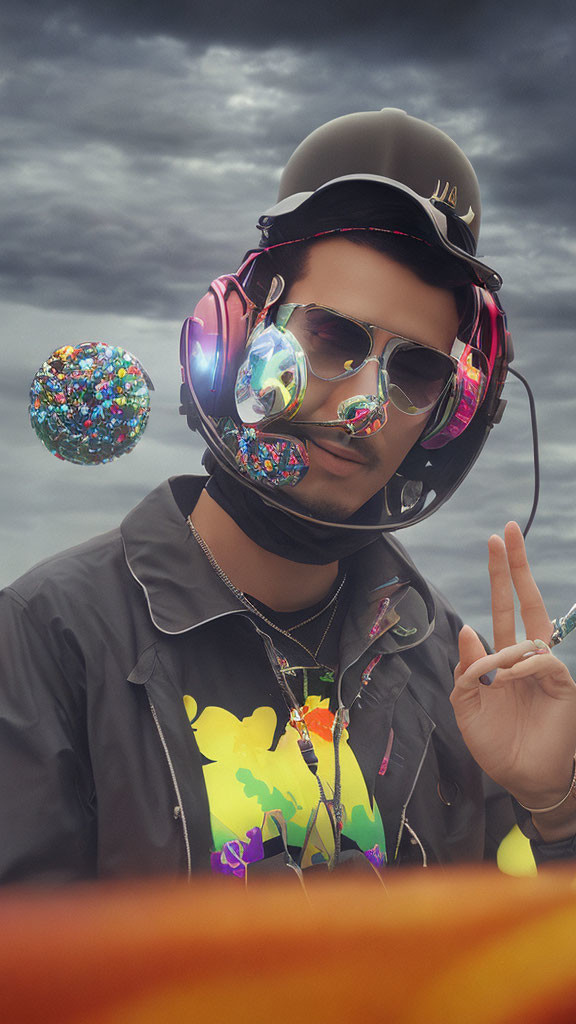 Stylish person in helmet, reflective goggles, and headphones with peace sign and colorful spheres