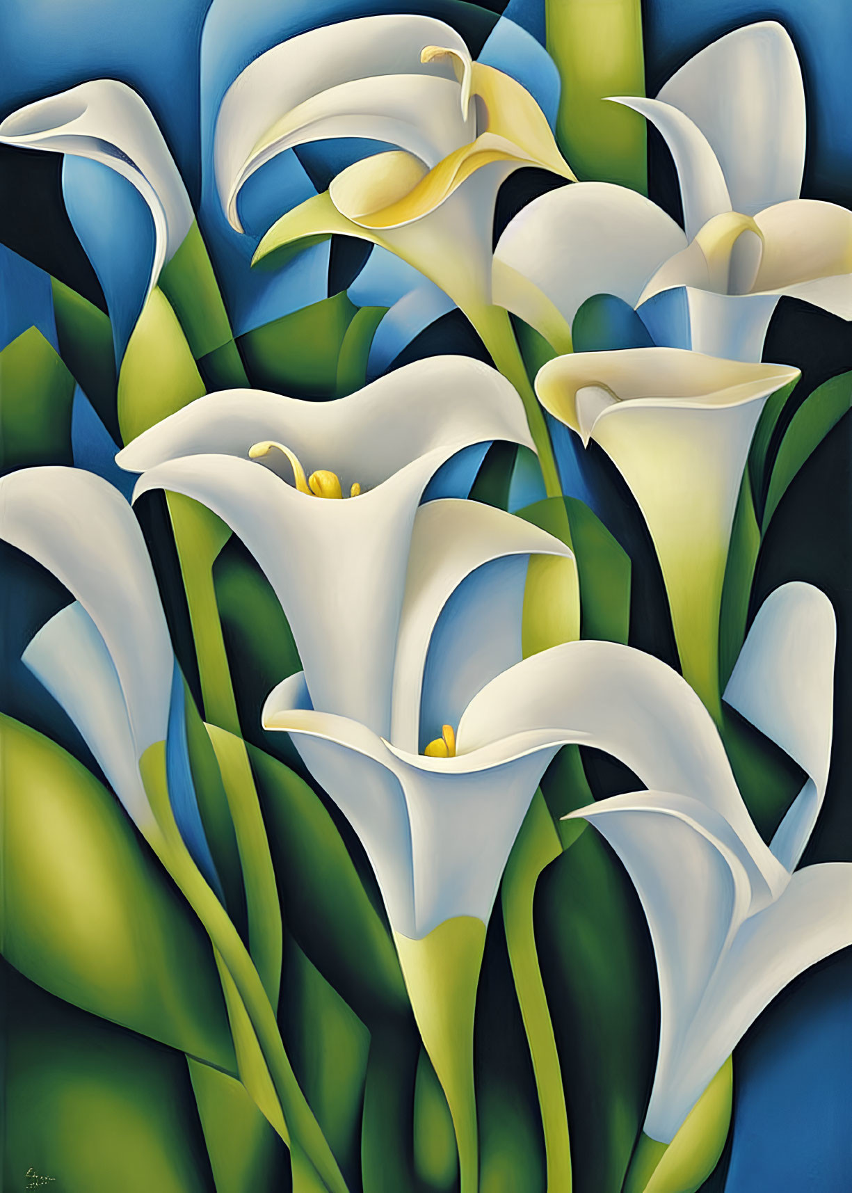 White Calla Lilies Painting on Blue Background