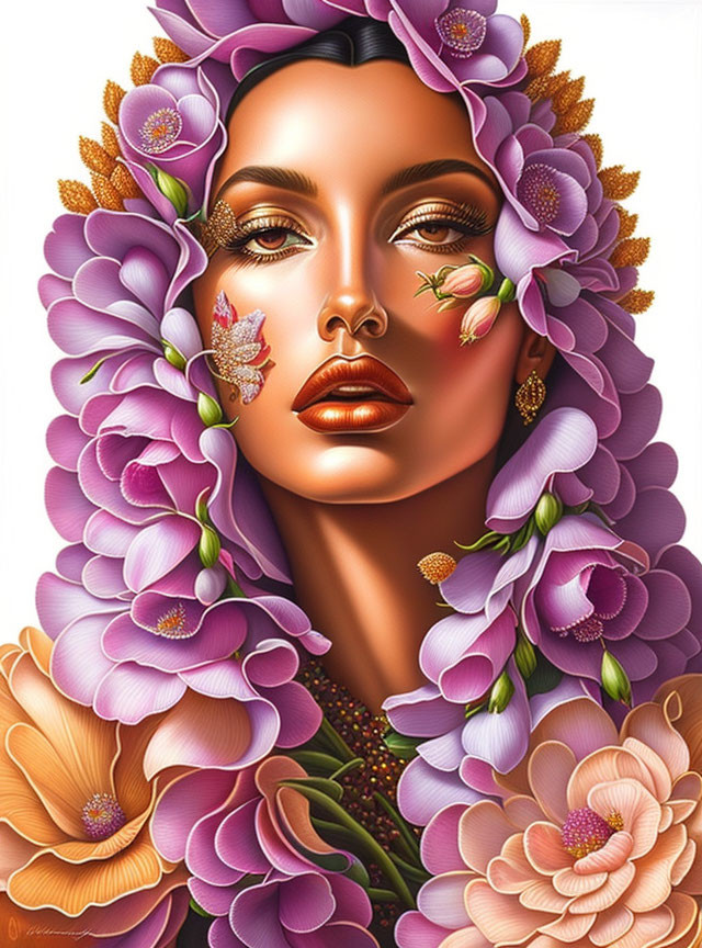 Vibrant violet and peach floral portrait illustration