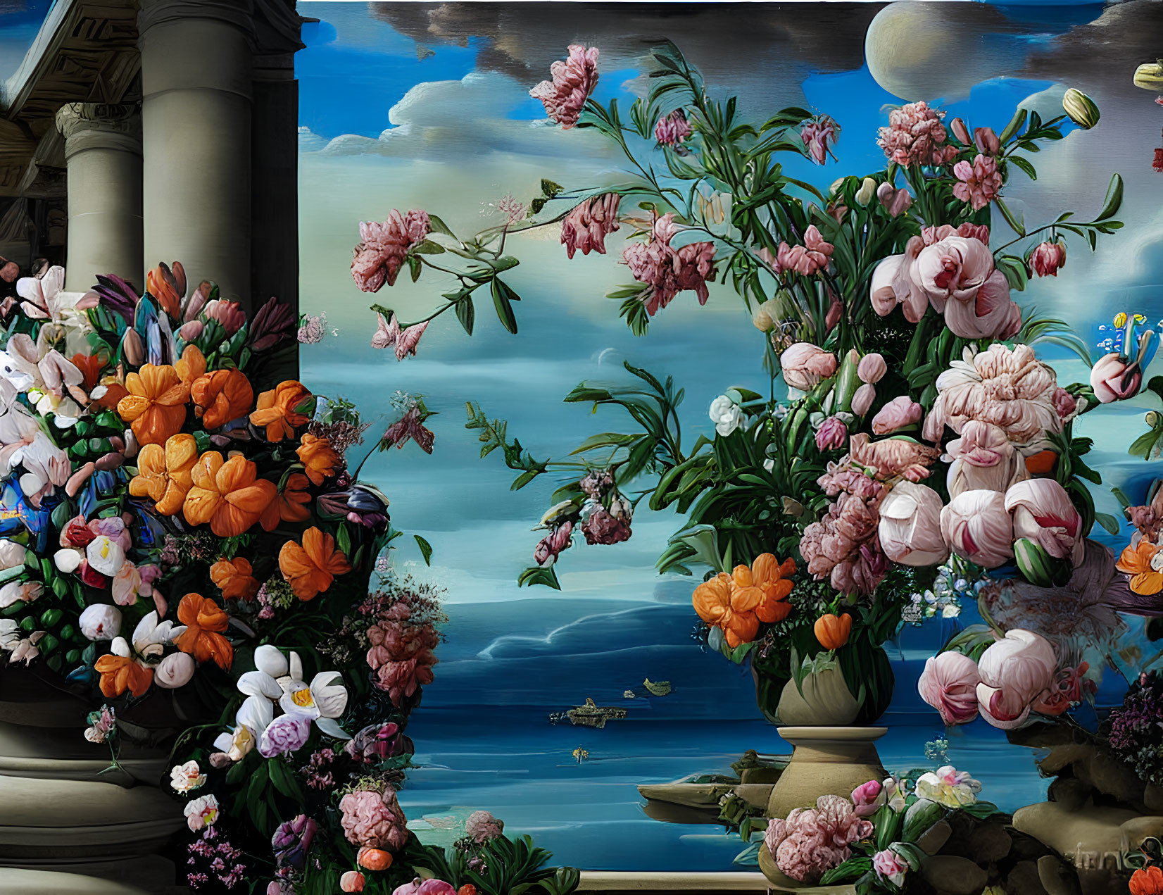 Colorful floral arrangements with water, columns, boat, sky, and celestial bodies.