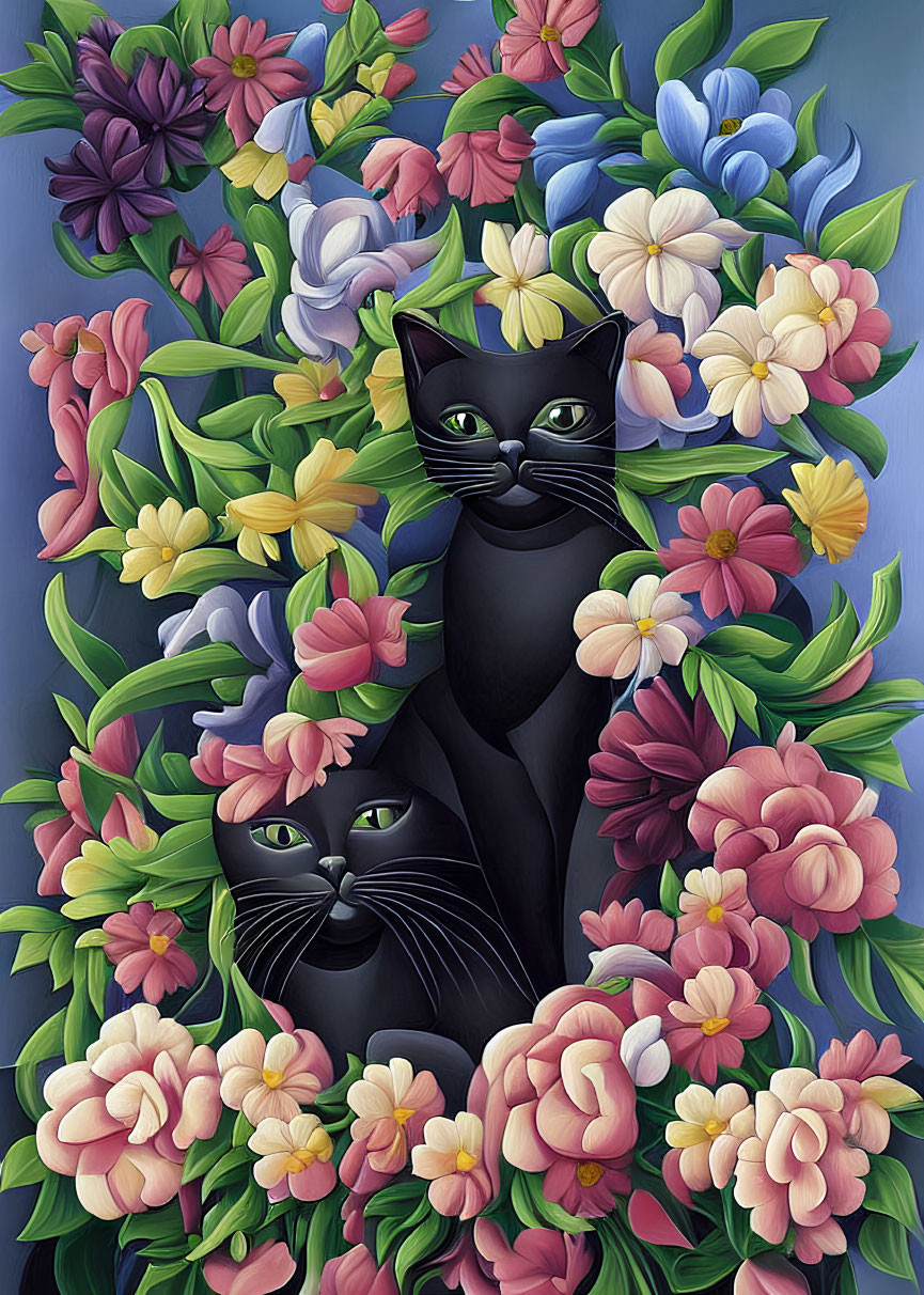 Two black cats with flowers on blue background