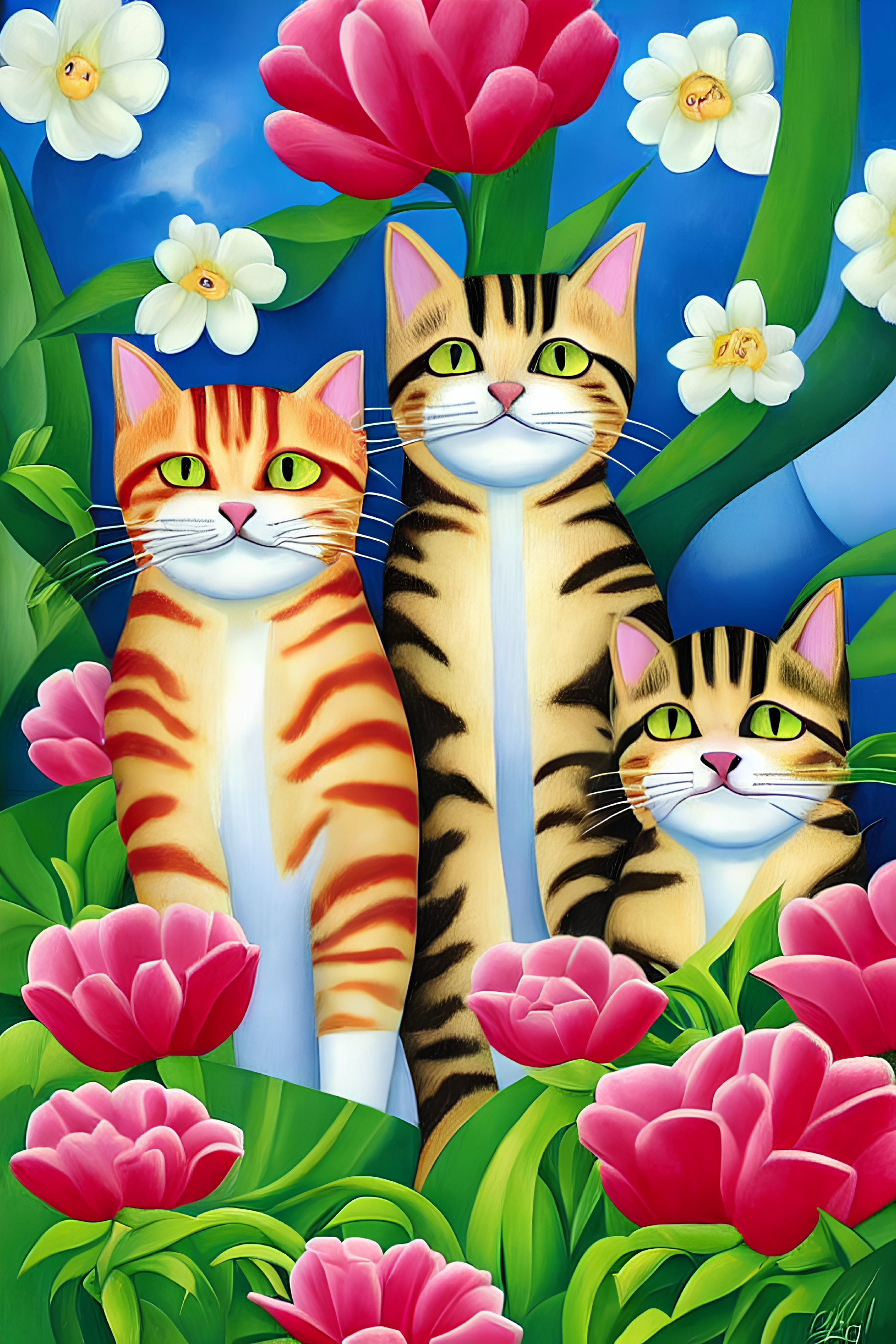 Colorful Cartoon Cats in Lush Garden Scene