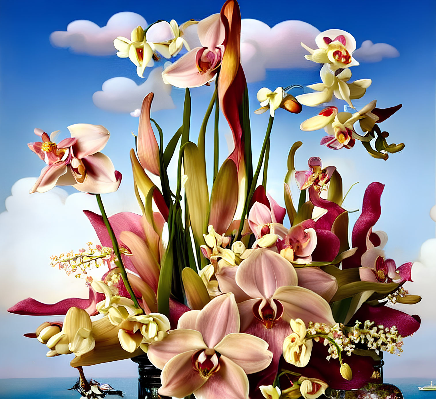 Colorful Orchid Bouquet on Cloudy Background