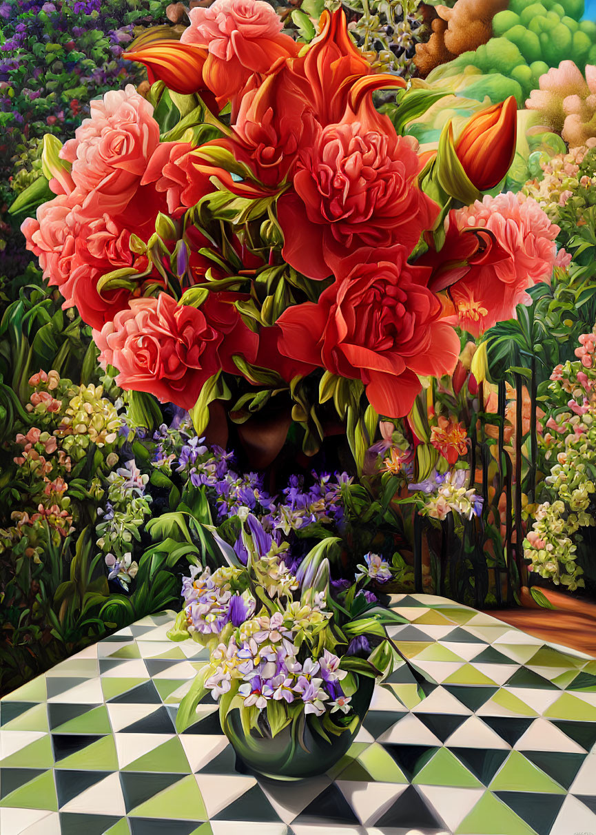 Colorful painting of oversized flowers in a vase against garden backdrop