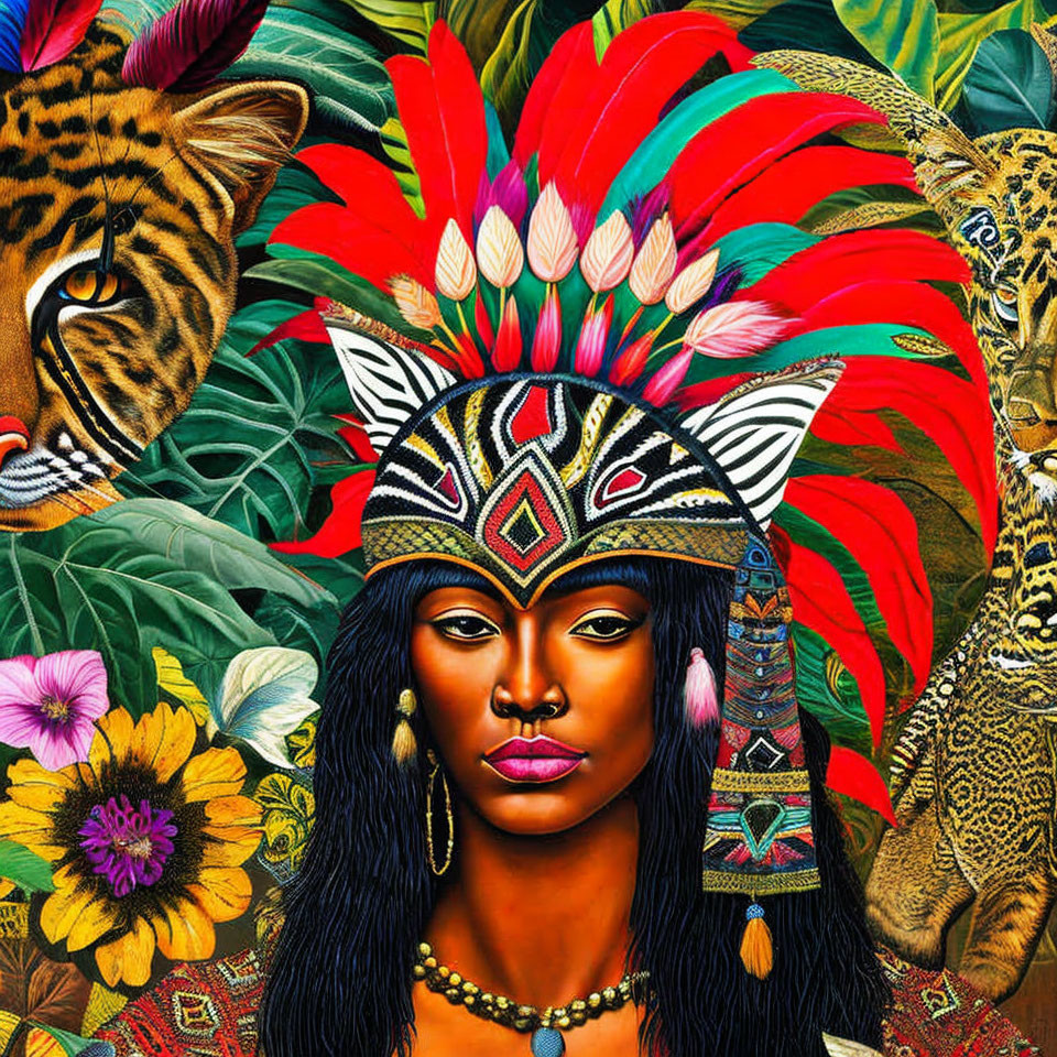 Woman with Headdress Surrounded by Tiger, Jaguar, and Tropical Flora