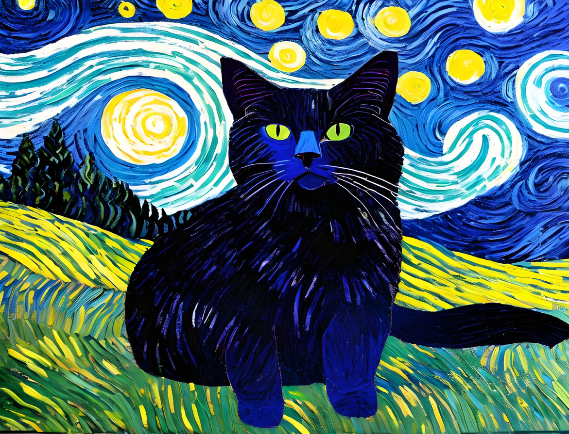 Black cat with green eyes against swirling night sky reminiscent of "Starry Night