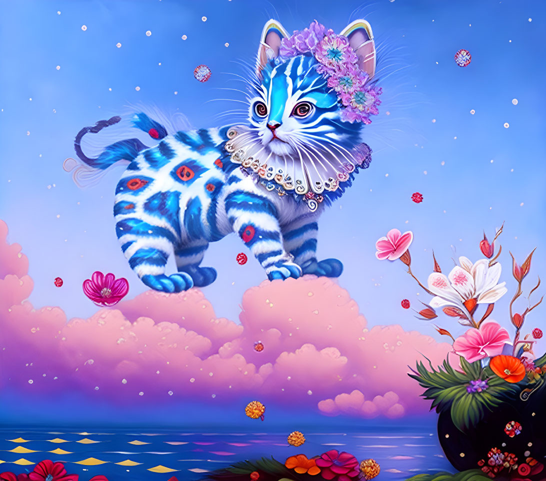 Blue Striped Kitten with Floral Adornments in Dreamy Floral Scene
