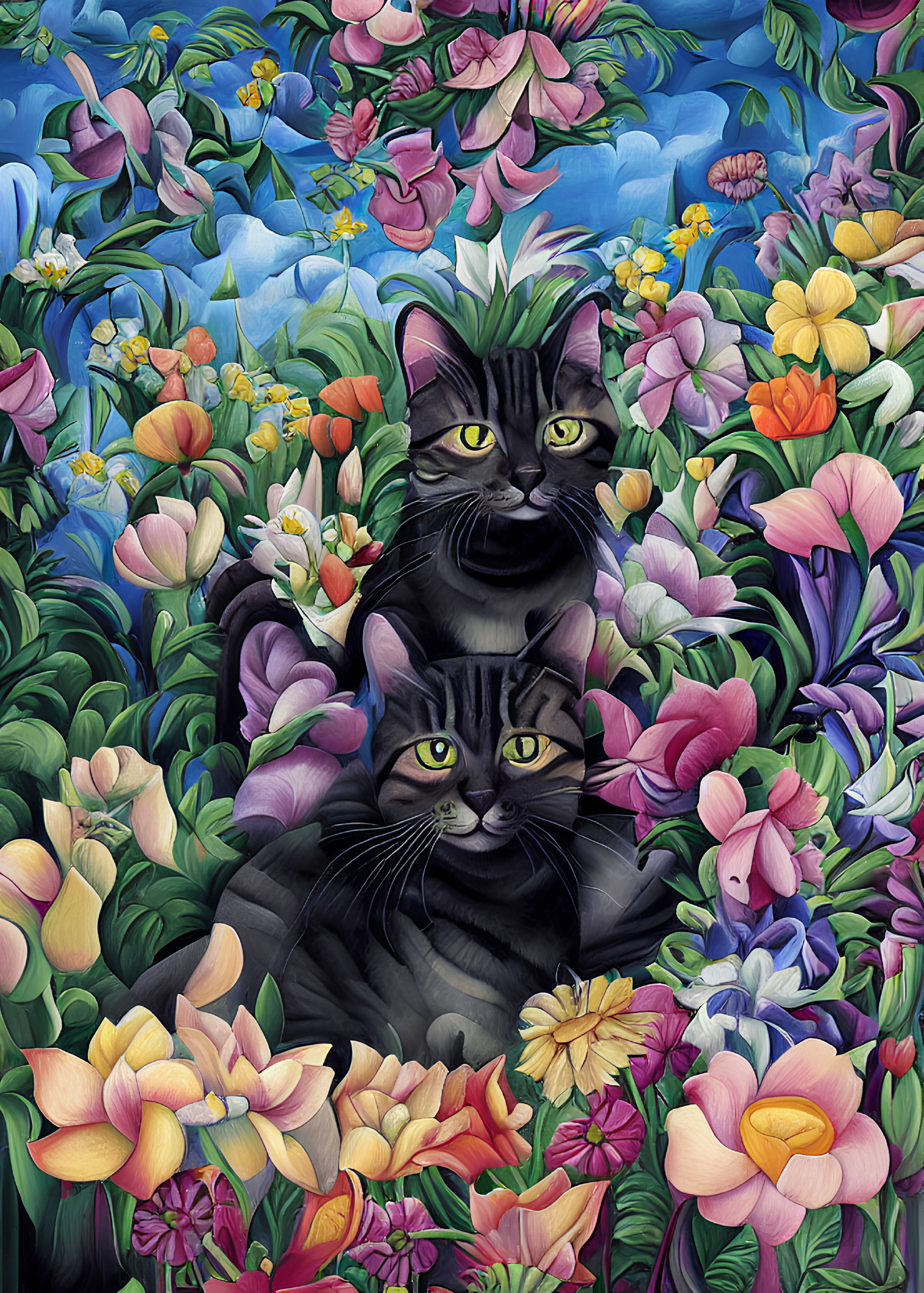 Two Black Cats Surrounded by Colorful Flowers and Green Foliage