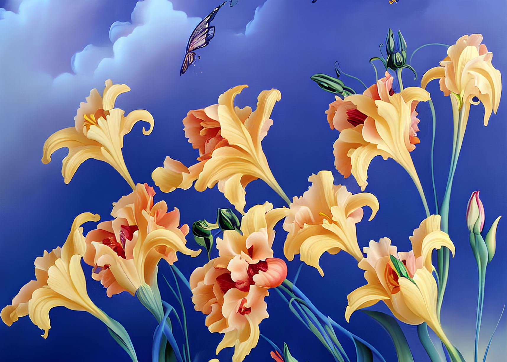 Colorful digital artwork: Yellow iris flowers and butterflies against blue sky