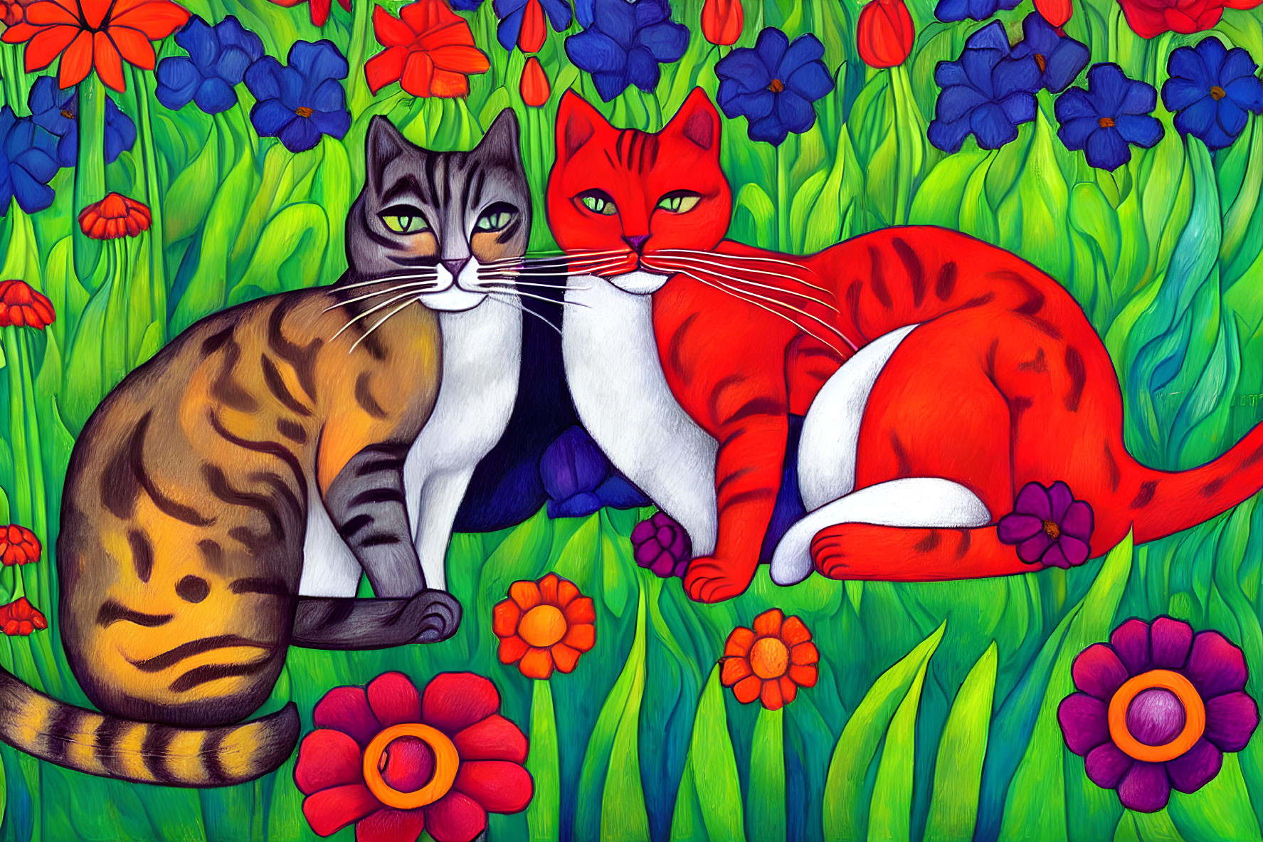 Stylized gray and red cats cuddle in vibrant floral setting