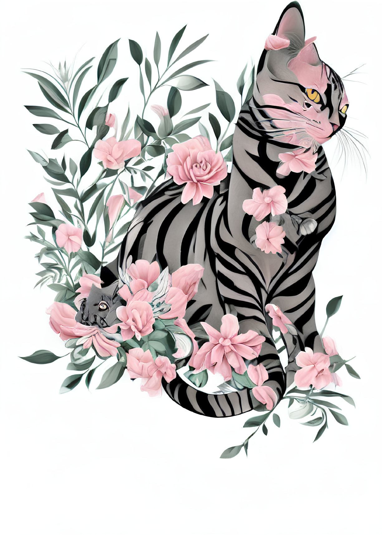 Large Striped Cat Surrounded by Green Foliage and Pink Flowers, Grey Kitten Peeking