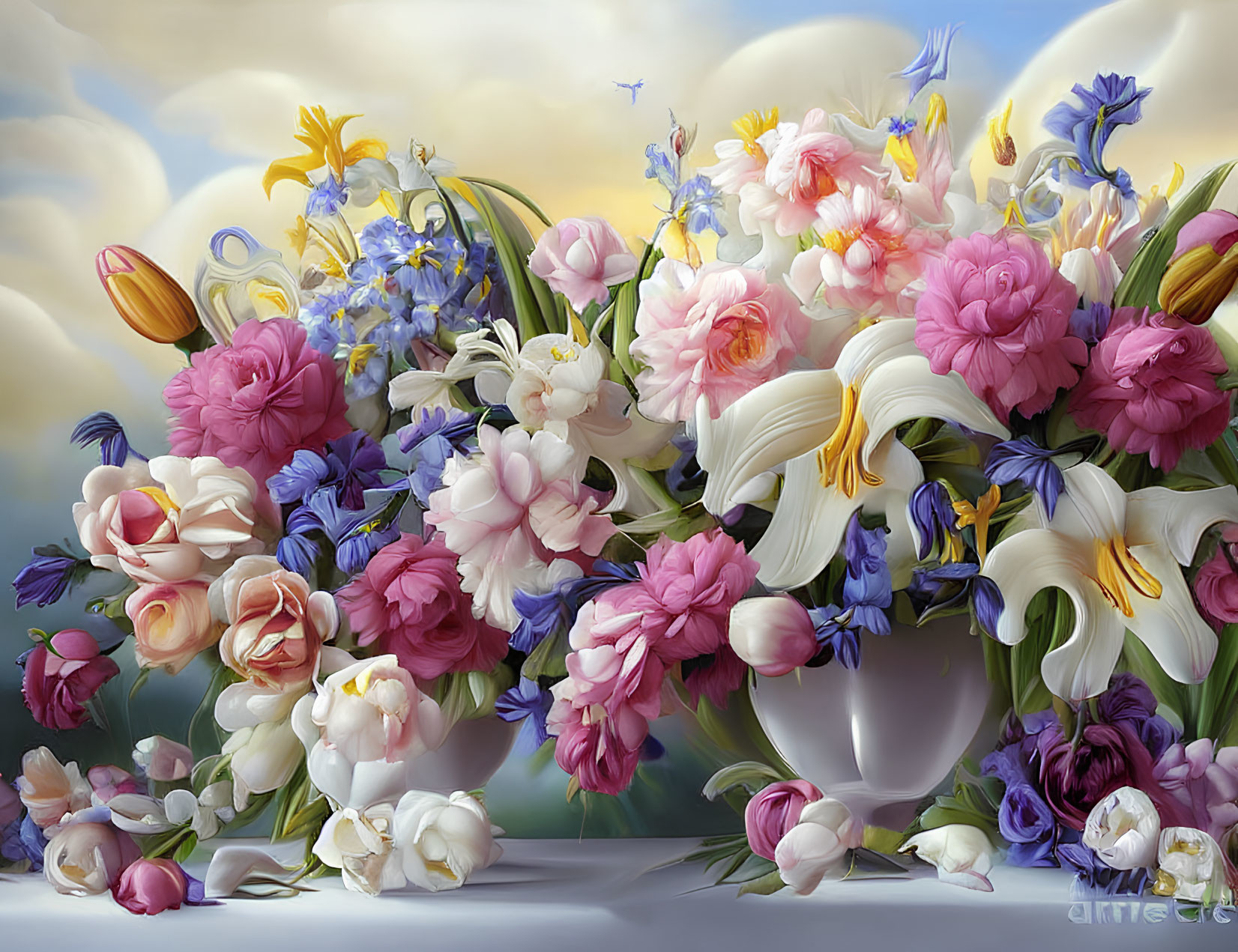 Assorted Full Bloom Flowers in White Vase on Cloudy Sky Background