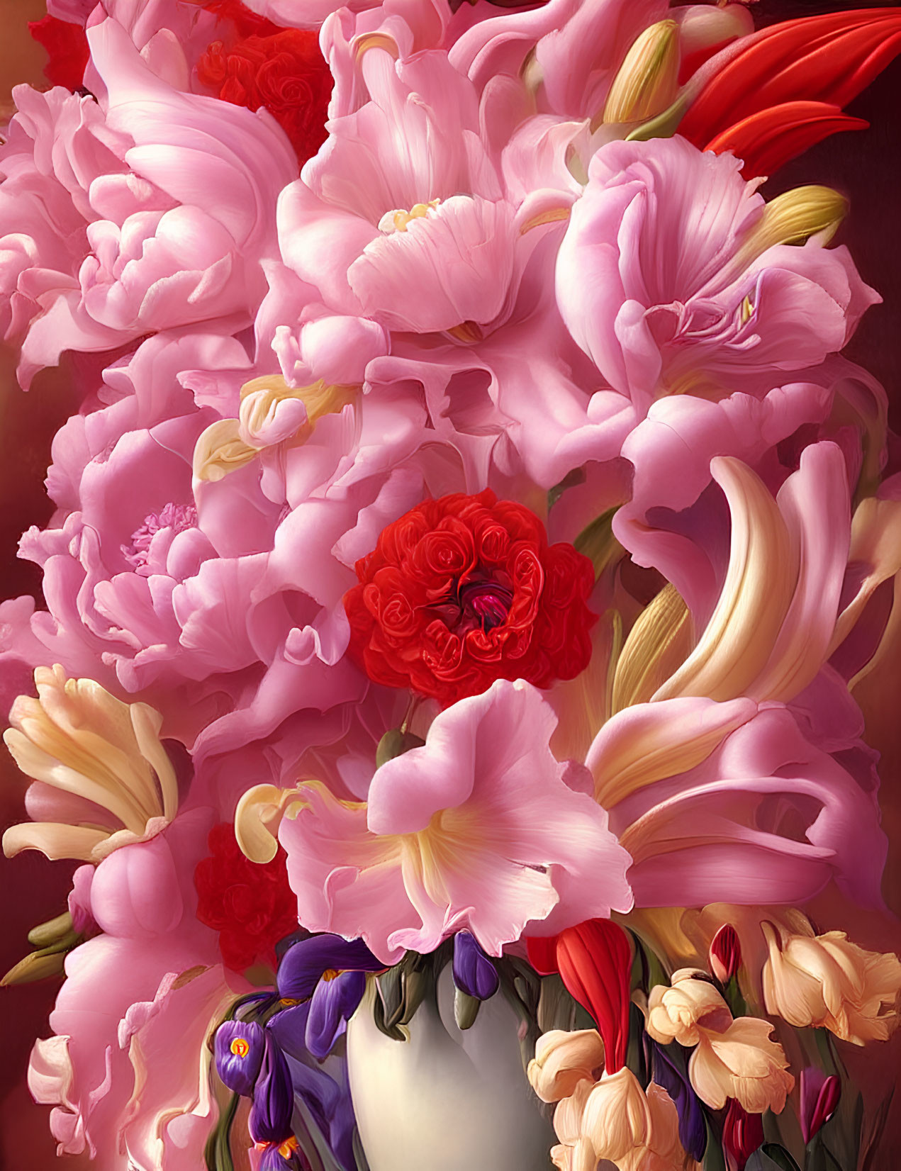 Colorful Pink and Red Floral Arrangement in White Vase on Dark Background
