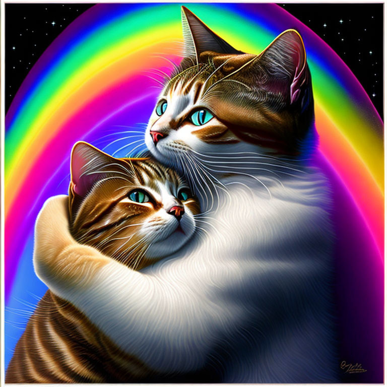 Stylized cats embrace under cosmic rainbow.
