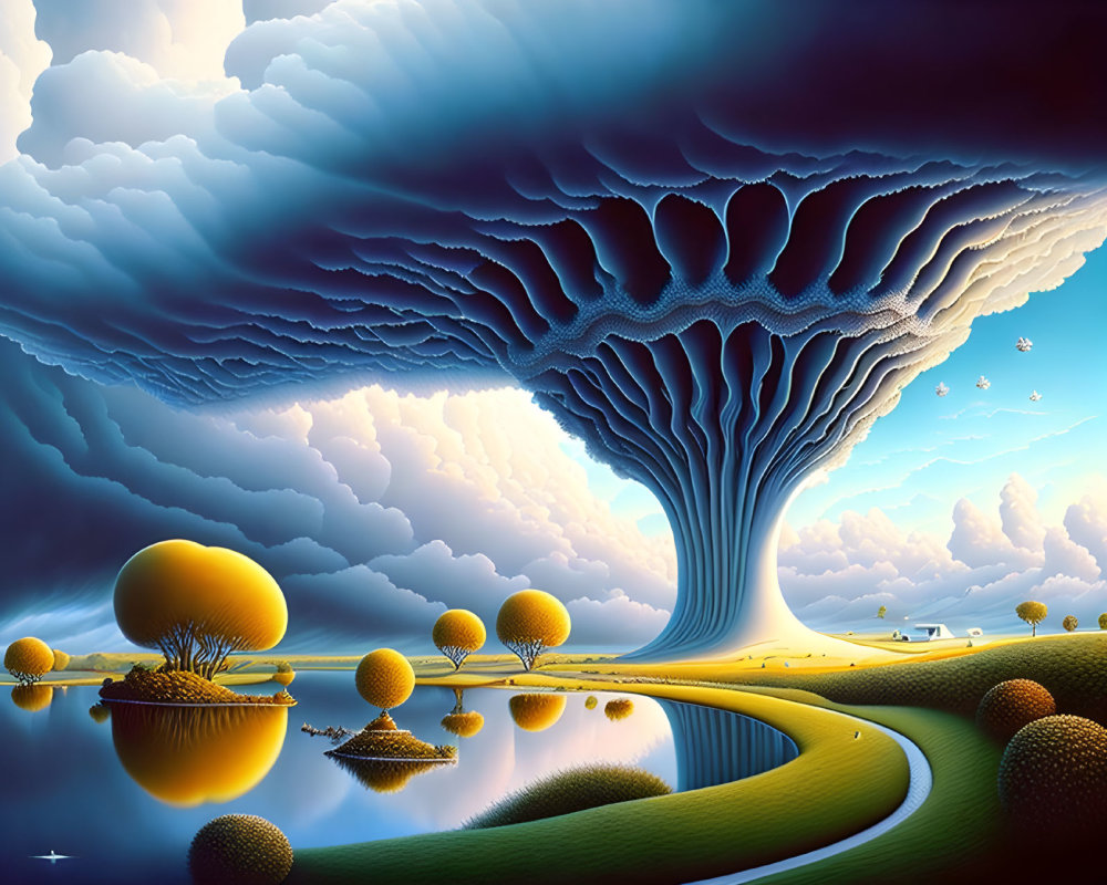 Surreal landscape with massive tree-like cloud formation above rolling hills, reflective water bodies, and yellow