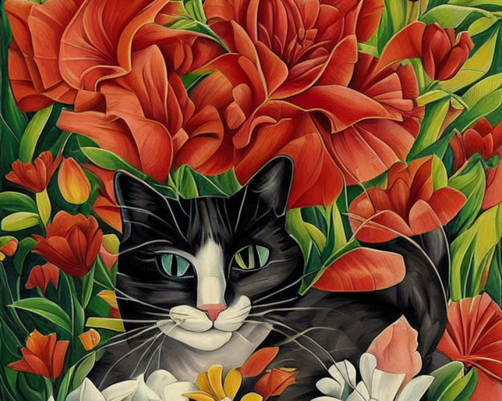 Vibrant floral background with black and white cat illustration