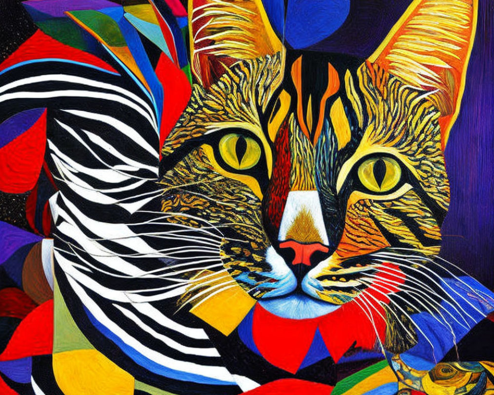 Vivid abstract painting: cat with geometric patterns & vibrant colors.