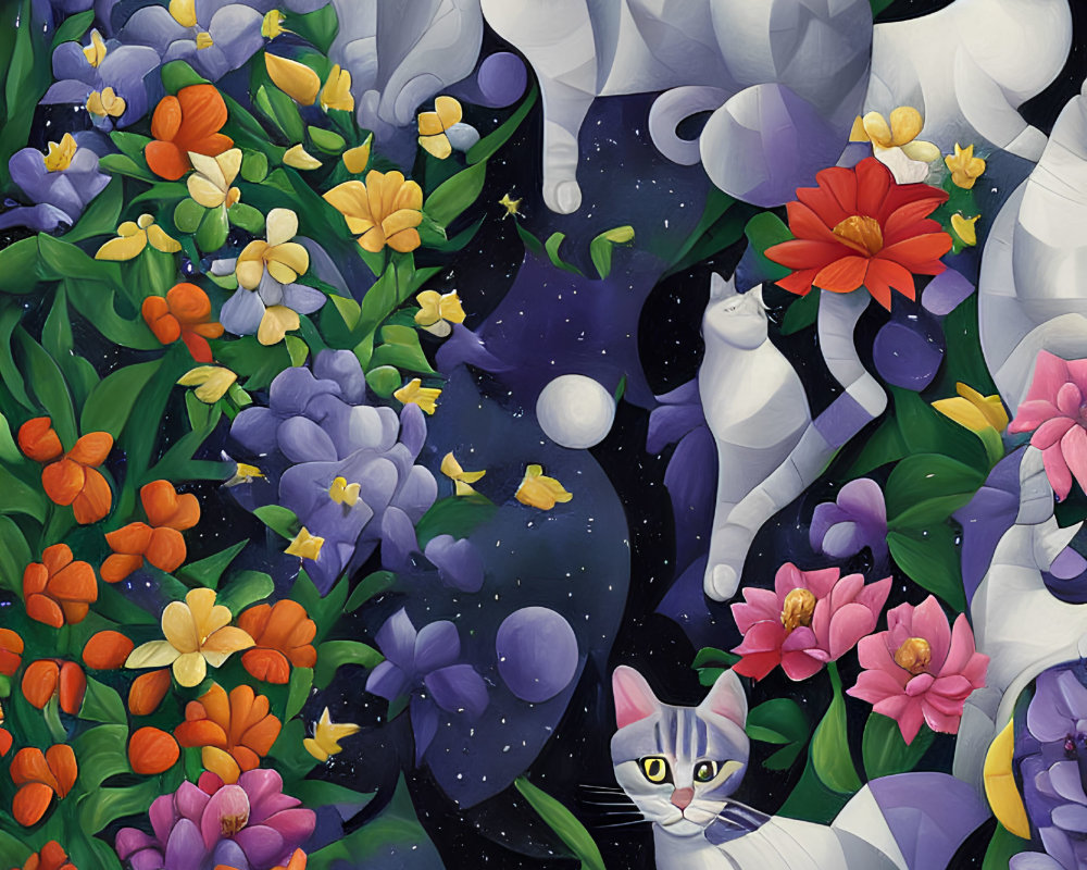Whimsical illustration of white cats in cosmic floral scene