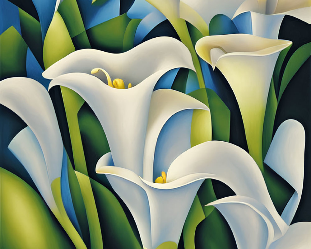 White Calla Lilies Painting on Blue Background