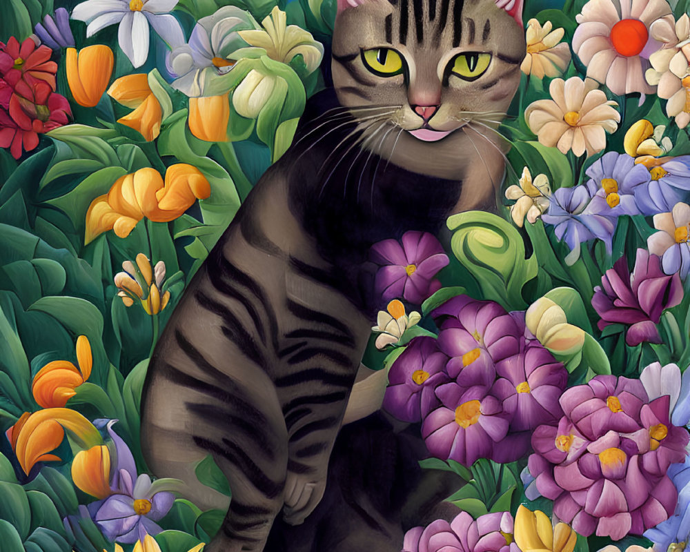Striped Cat Surrounded by Vibrant Flowers in Various Colors