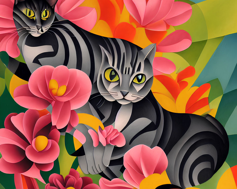 Stylized cats with black and grey stripes among pink and orange flowers