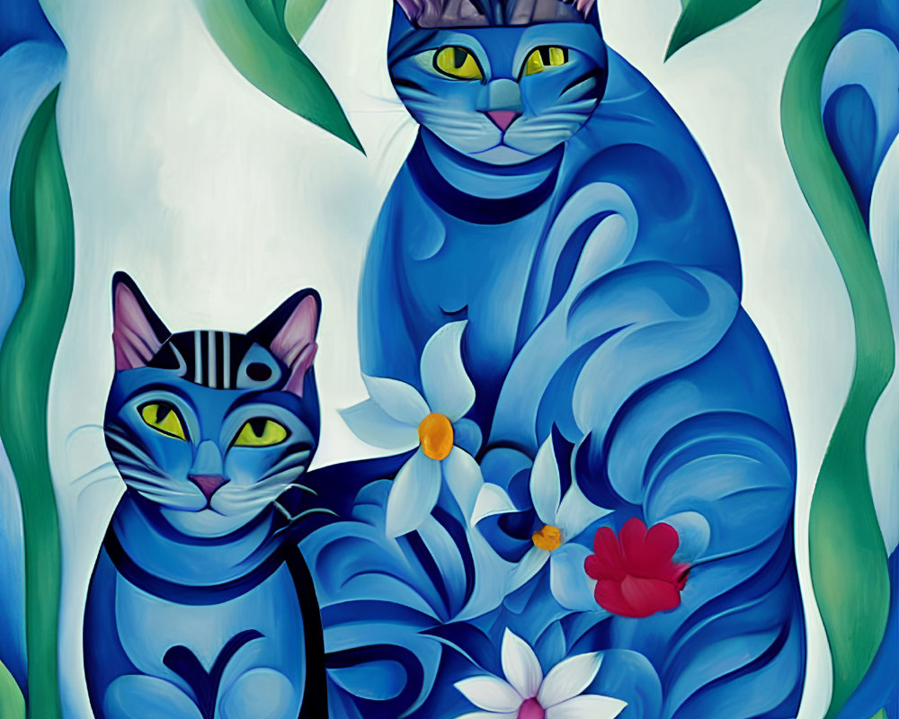 Stylized blue cats among intricate patterns, green leaves, and colorful flowers