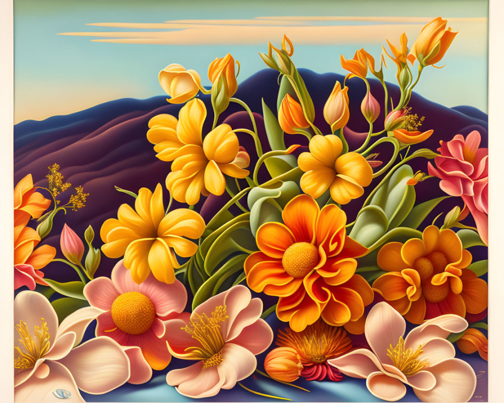 Colorful Blooming Flowers Illustration with Rolling Hills and Soft Sky