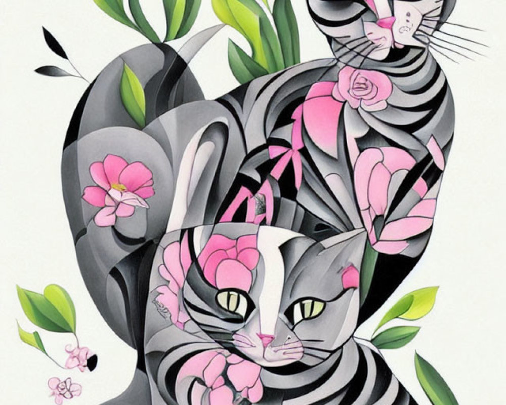 Stylized cats with striped patterns and pink flowers on white background