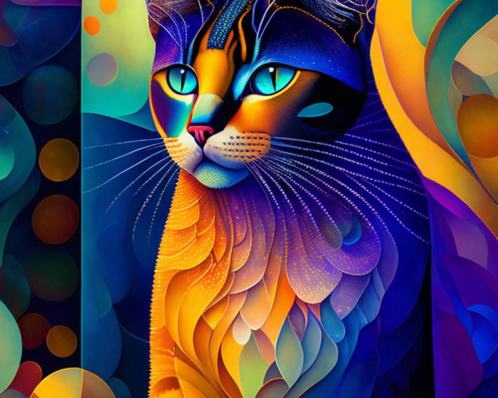 Vivid Stylized Cat Artwork with Colorful Patterns and Swirling Background