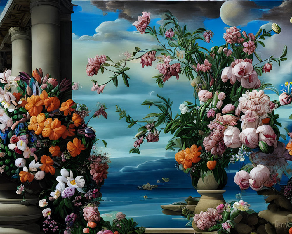 Colorful floral arrangements with water, columns, boat, sky, and celestial bodies.