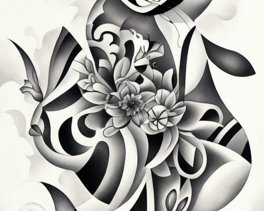 Monochromatic abstract art: stylized cat with swirling patterns and floral elements
