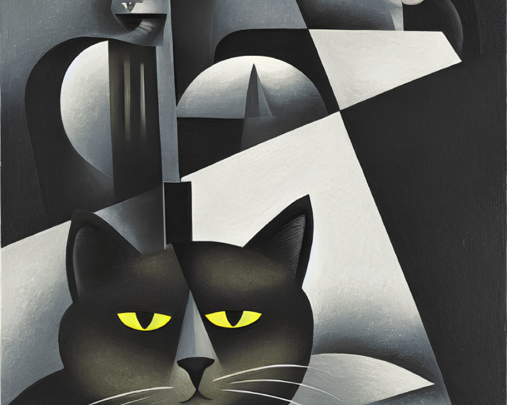 Monochromatic Abstract Art: Large Black Cat and Geometric Shapes