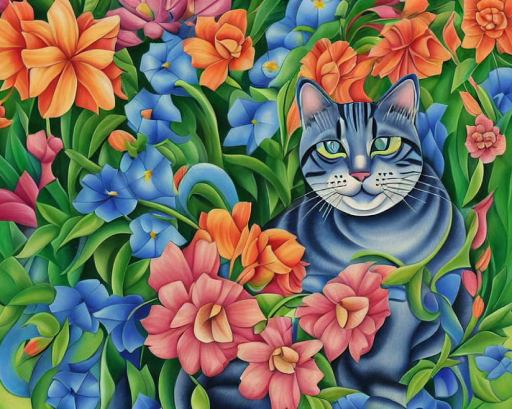 Colorful Cat Camouflaged in Floral Pattern