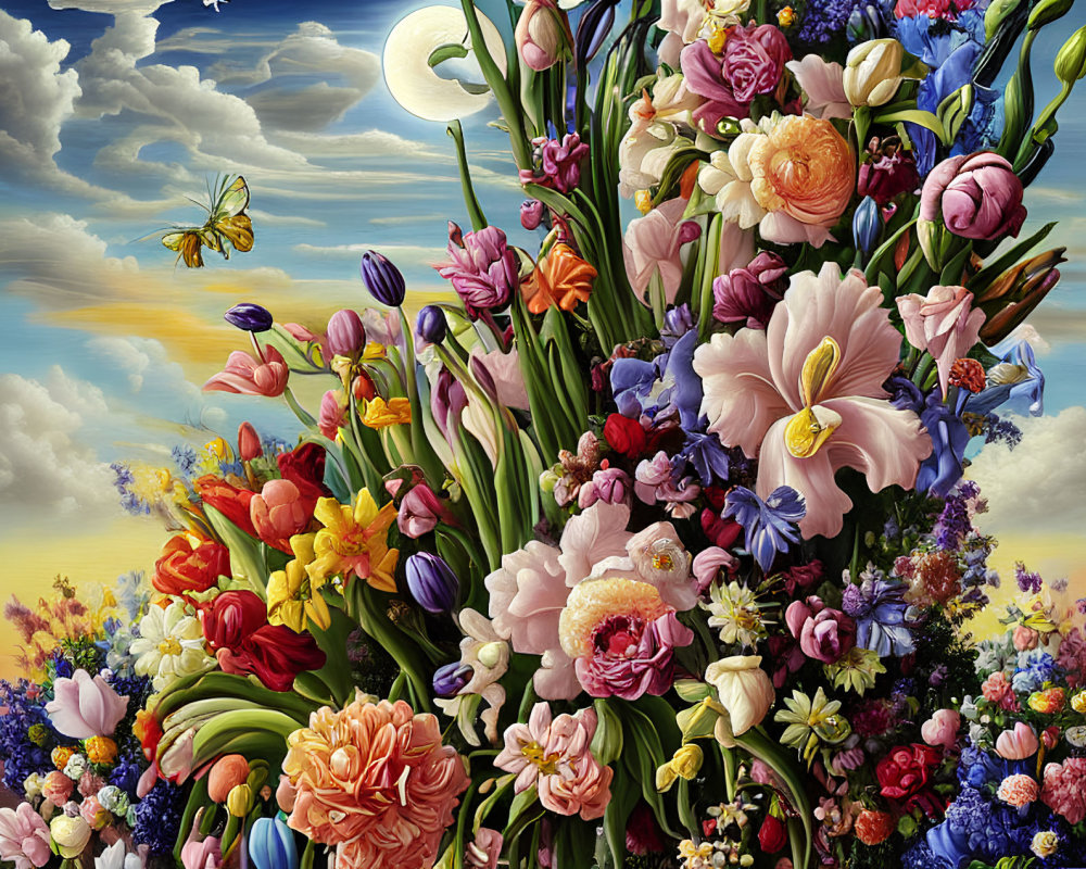 Colorful Flower Bouquet with Crescent Moon and Butterflies in Sky