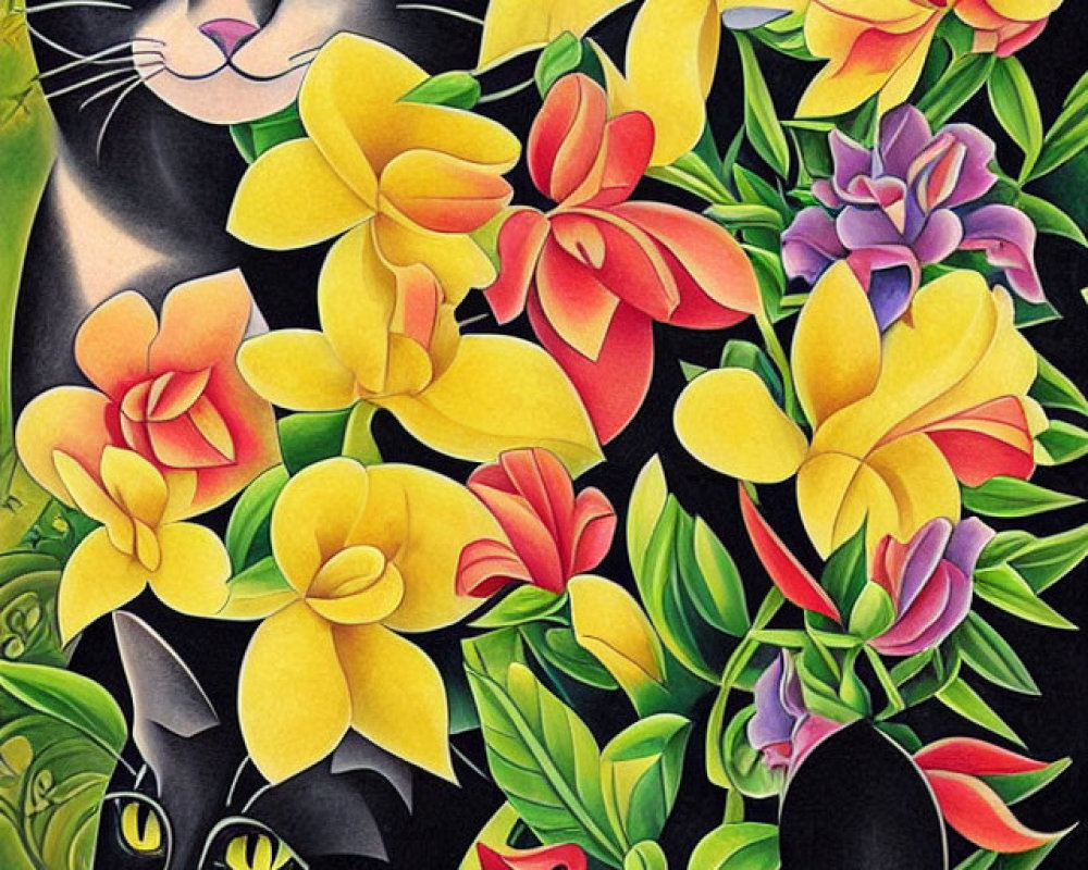 Colorful Artwork: Two Black Cats Among Vibrant Flowers