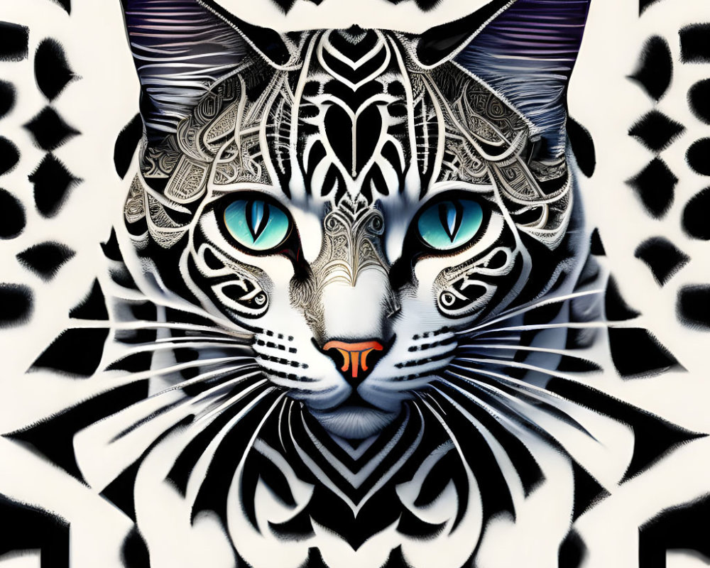 Symmetrical patterned cat face with blue eyes on geometric background